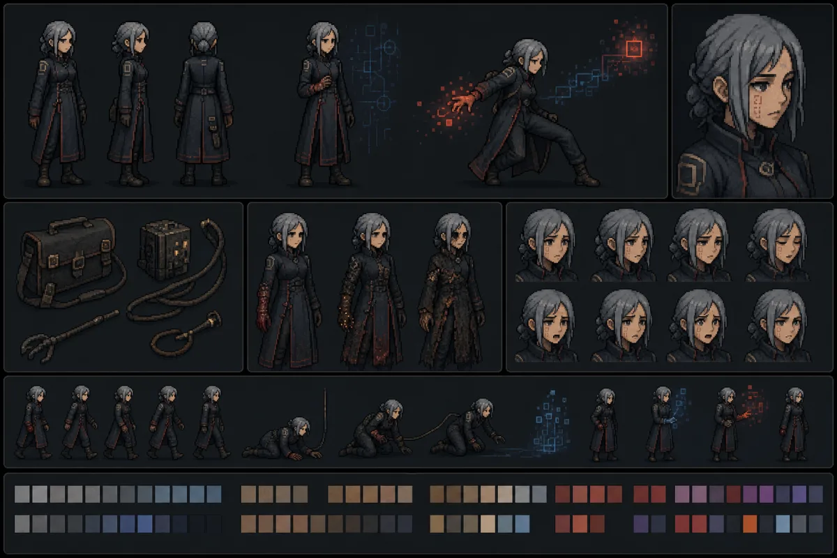 Cael pixel-art character concept sheet