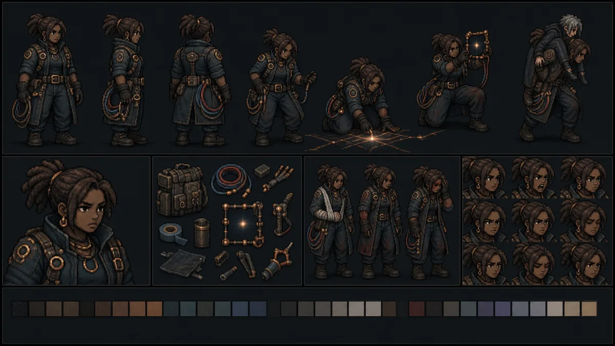 Mara pixel-art character concept sheet