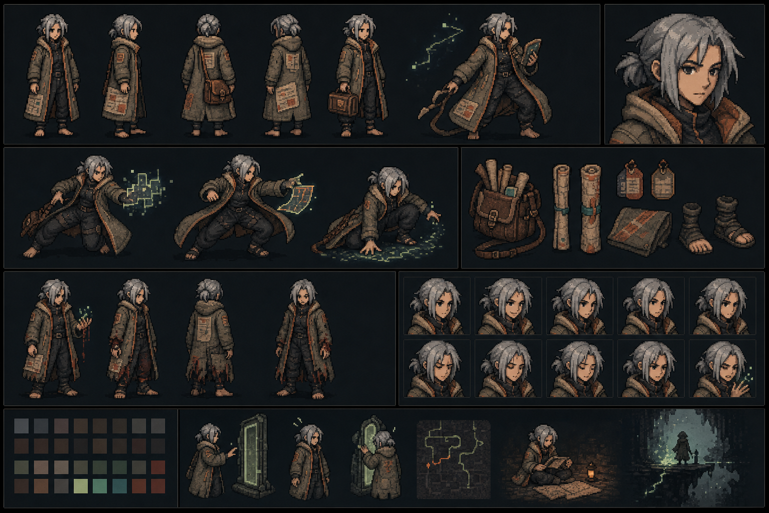 Tavi pixel-art character concept sheet