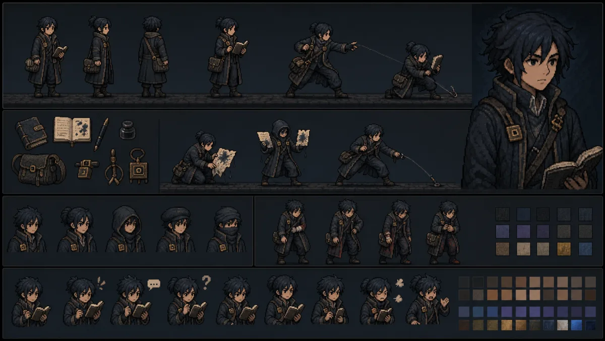 Witness pixel-art character concept sheet