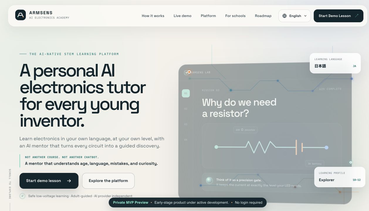 ARMSENS Academy interactive electronics lesson on a desktop browser