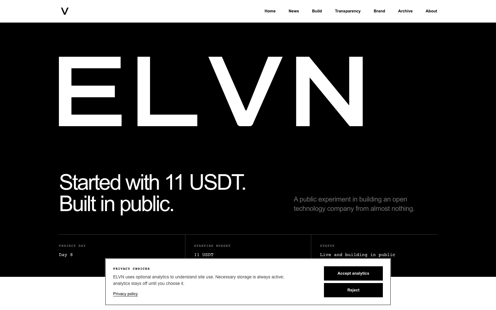 ELVN public build journal shown on a desktop browser