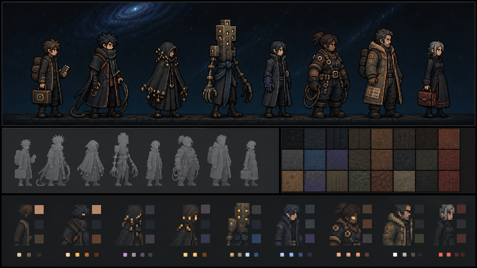 ONE PIXEL core party target sheet showing eight distinct pixel-art silhouettes, scale studies and palette references