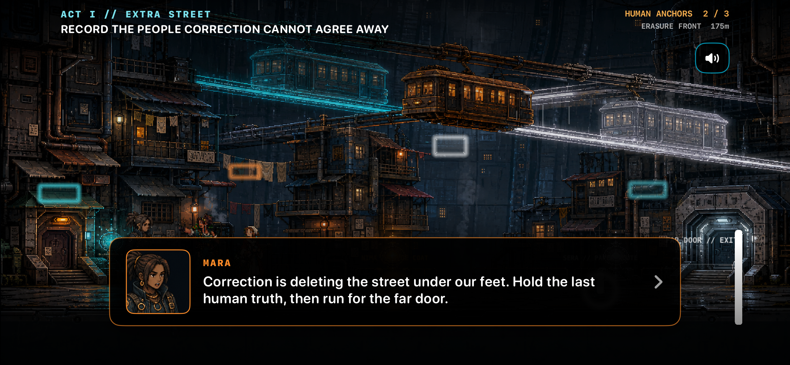 Live ONE PIXEL gameplay in iPhone Simulator: Mara's animated portrait warns that Correction is deleting Extra Street, while the far door remains visible ahead