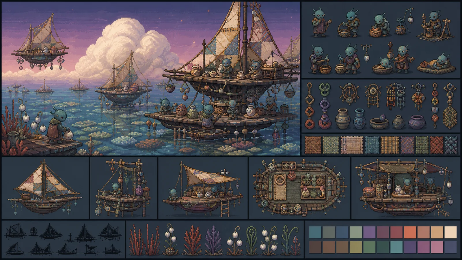 Early environment concept for a bright floating settlement above an alien sea