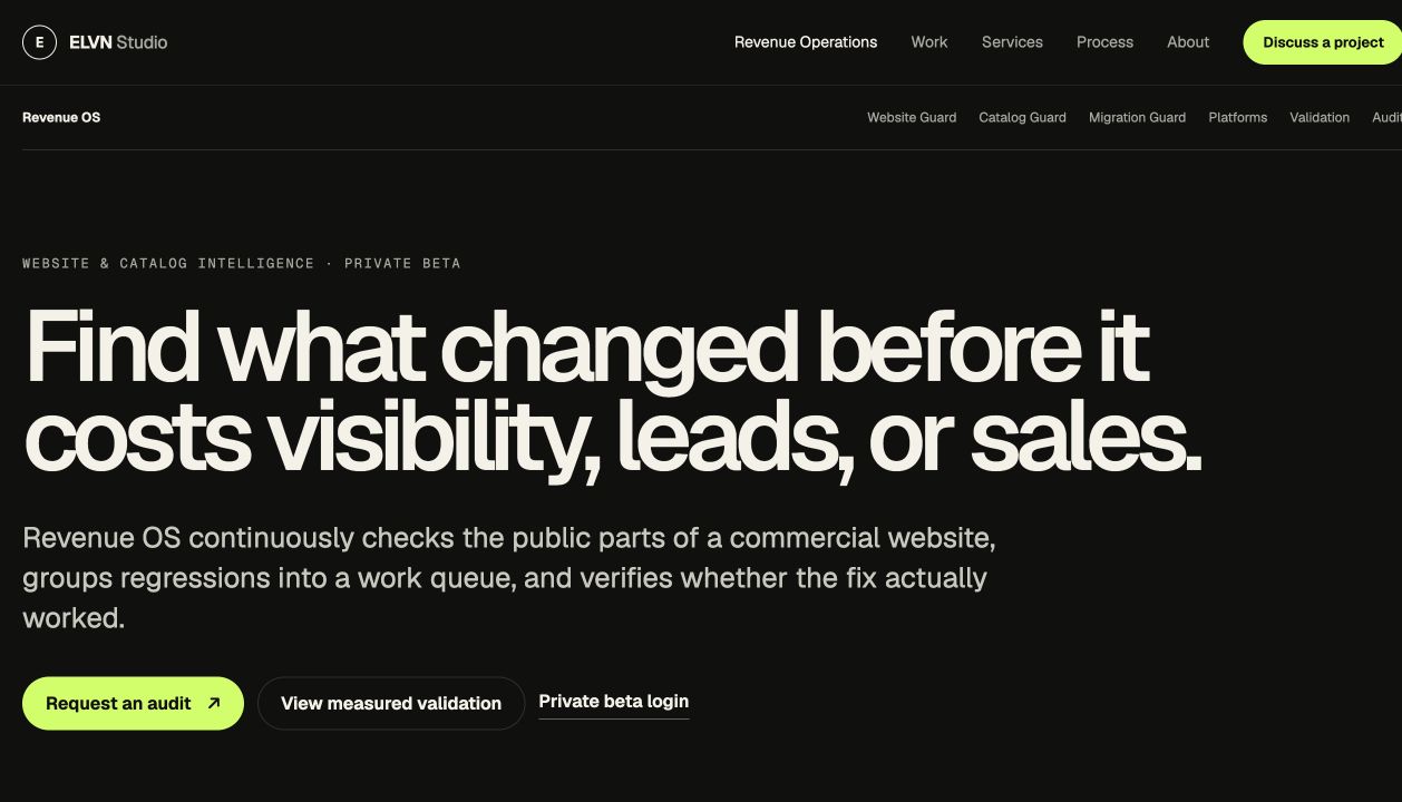 Live Revenue OS product page on ELVN Studio